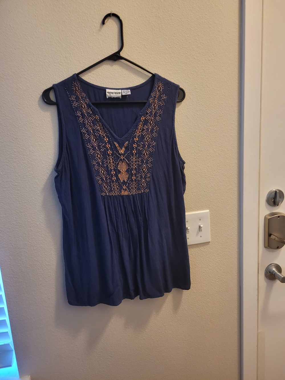 raya sun Navy Sleeveless V-Neck Top with Gold Embroidery